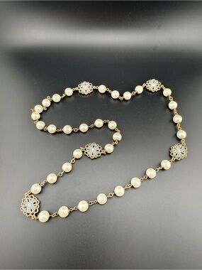 Elegant Gold Pearl Station Necklace with Filigree Accents